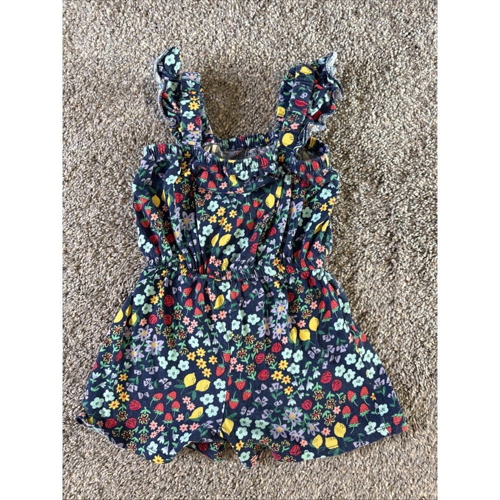 Old Navy Girls Sleeveless Floral Strawberry Navy Fruit Romper‎ Toddler Size 4T